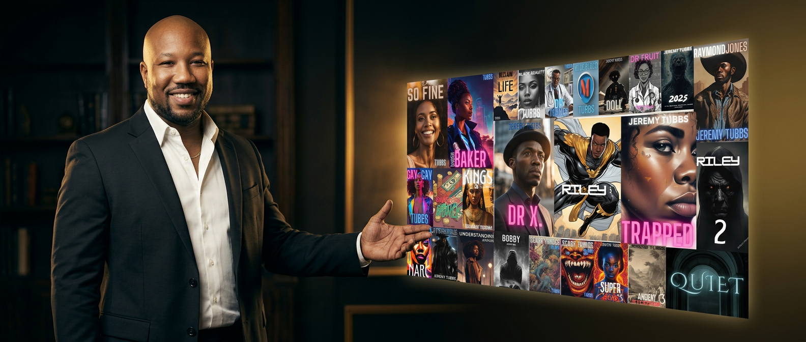 Jeremy Tubbs pointing to his collection of books